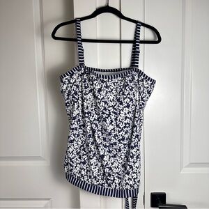 Island Escape (16) Navy Blue + White Floral Tankini Top- Band Bottom/Shelf Bra